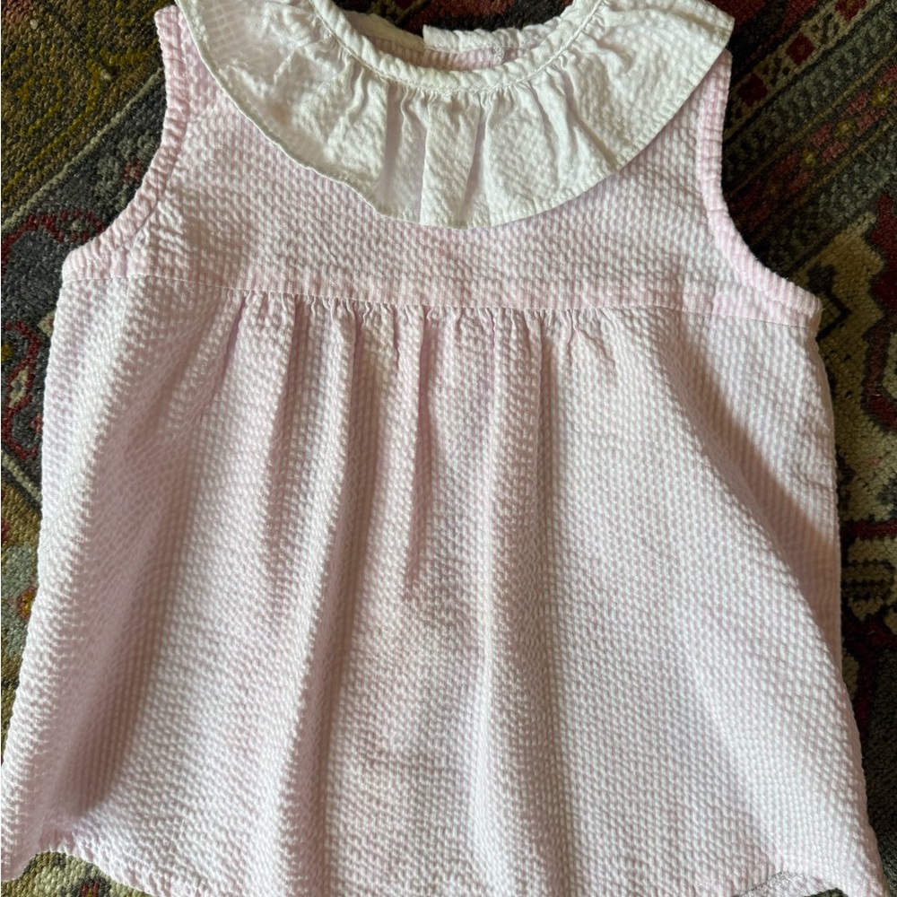 Girls Pink Sleeveless Textured Top with White Ruffled Collar